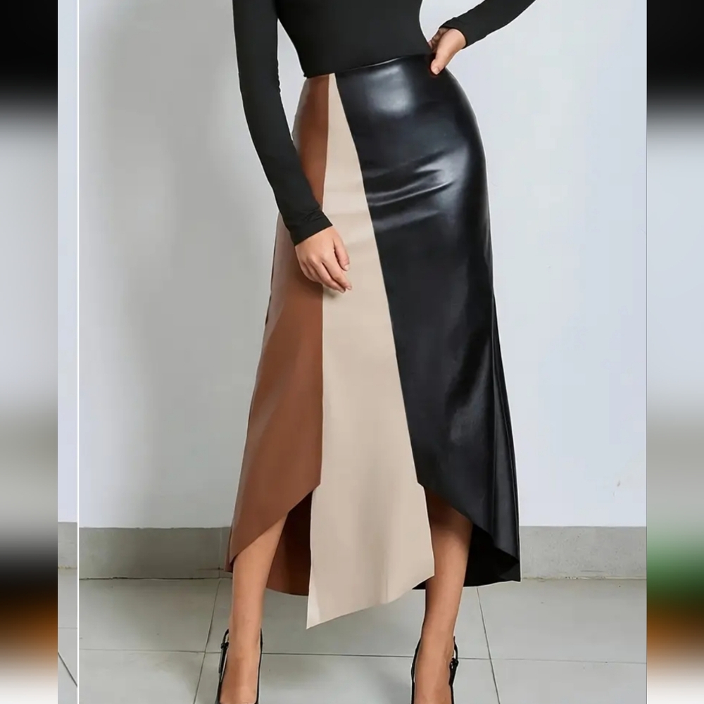 Elegant French-Inspired A-Line Midi Skirt for Women - Chic Black & Beige Two-Ton - Picture 3 of 4